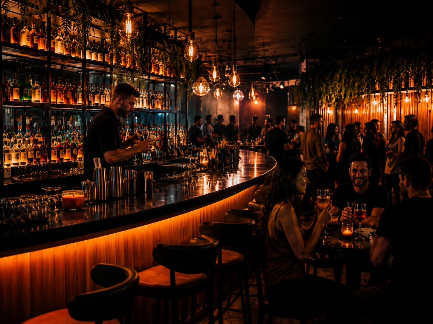 Ambiente premium de pub com bar, luz quente e público socializando